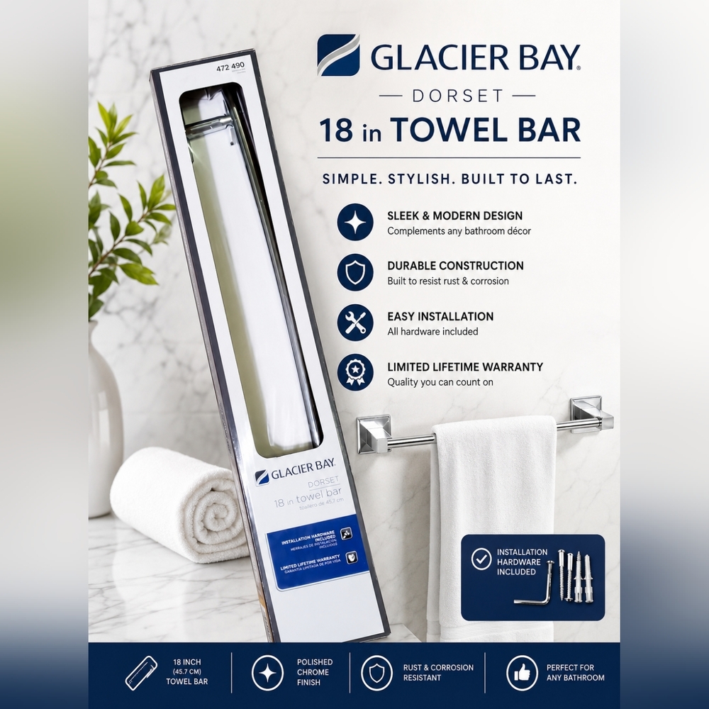Glacier Bay Home Dorset 18 in Chrome Accessories Bath Room Towel Bar